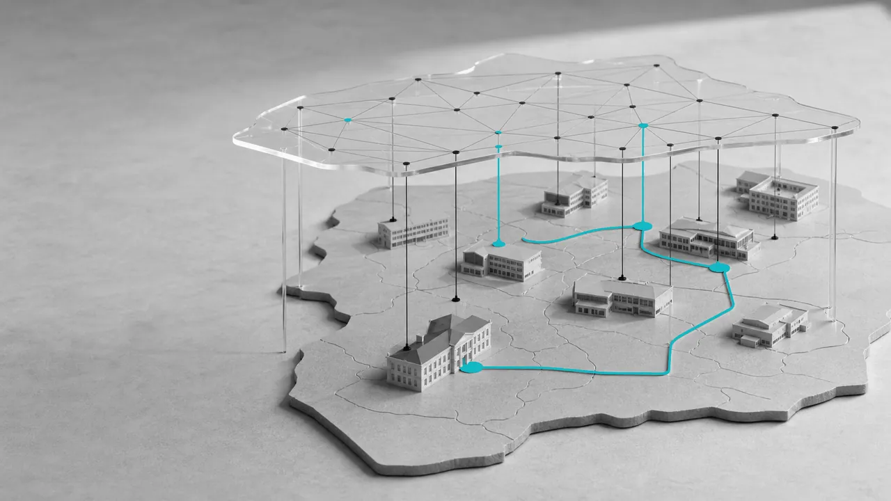 Ein transparentes Netzwerk verbindet Bildungsgebäude auf einer regionalen Karte durch türkise Linien.