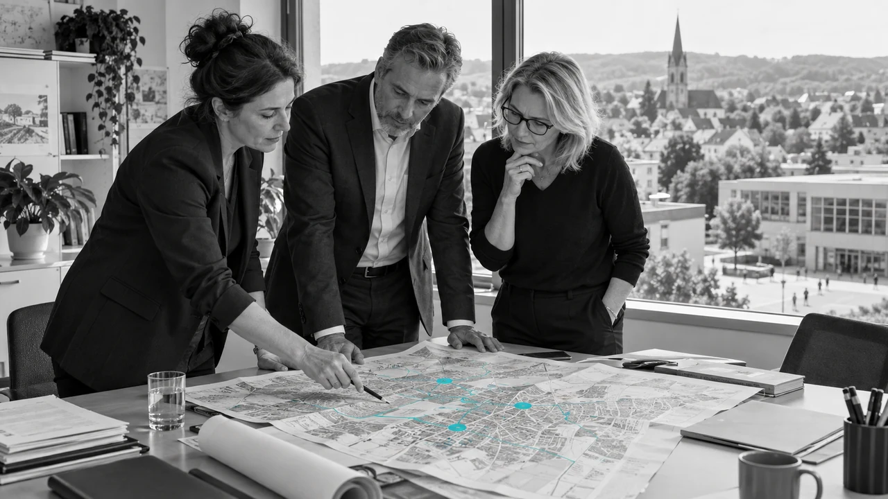 Drei Personen betrachten gemeinsam einen Stadtplan an einem Besprechungstisch.
