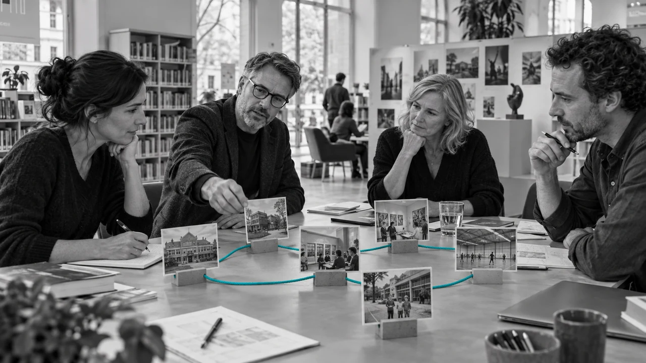 Vier Personen besprechen an einem Tisch Fotos verschiedener Bildungsorte, die durch einen türkisfarbenen Faden verbunden sind.
