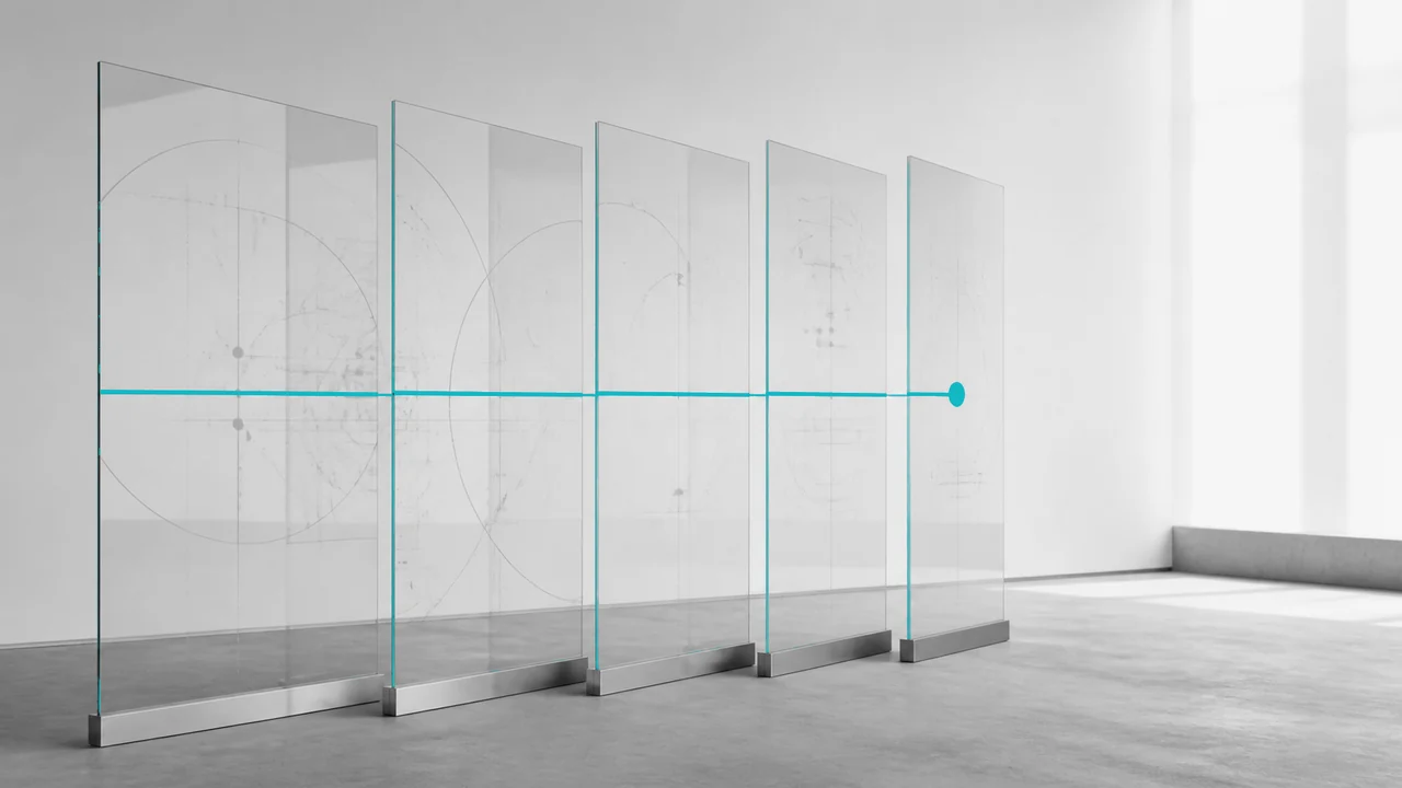 Eine durchgehende türkise Linie verbindet fünf transparente Glasscheiben.